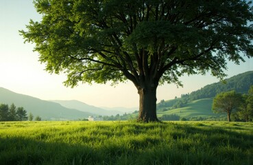 Obraz premium A large tree stands prominently in a lush green field with rolling hills in the background