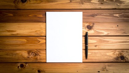 Blank sheet of paper and pen on a wooden surface