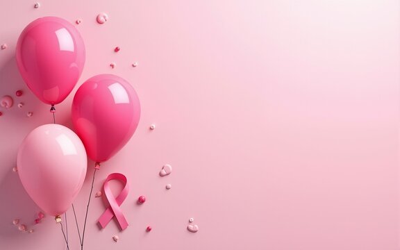 Breast cancer october awareness month pink ribbon banner background,Realistic balloons vector illustration. High quality
