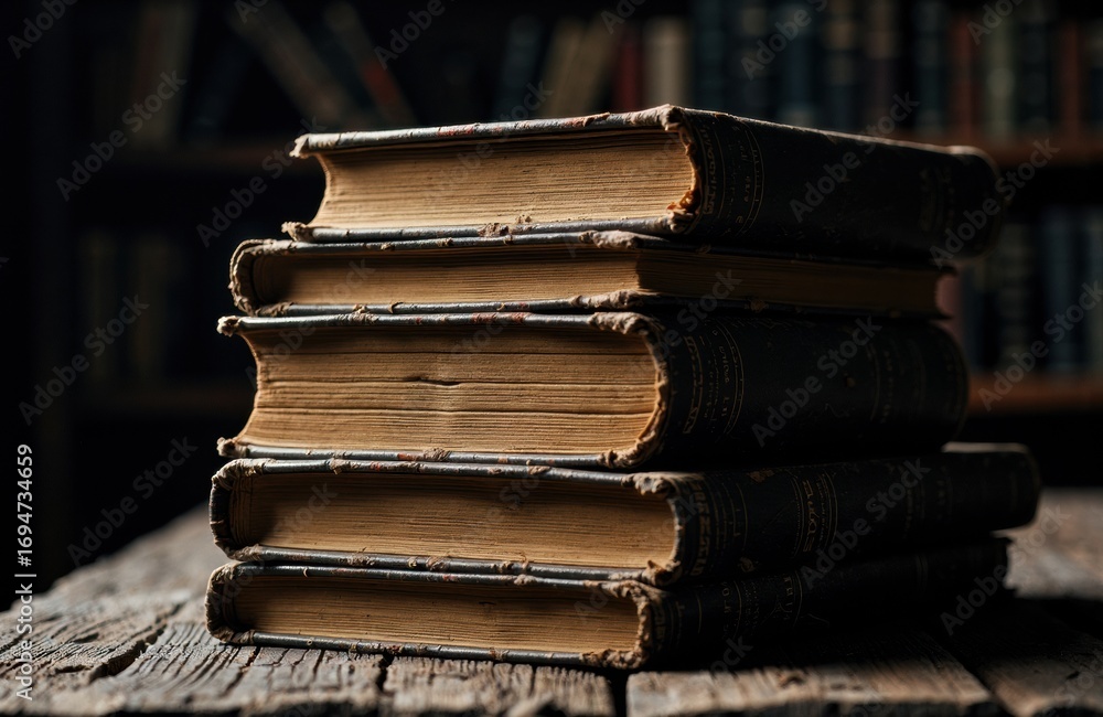 Poster a stack of old hardcover books placed on a rustic wooden surface in a dimly lit library setting