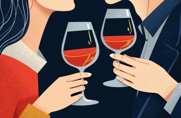 Woman and man clinking glasses of red wine during social gathering