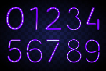 Decorative numbers in the form of neon lamps. purple color print on black background with fog effect
