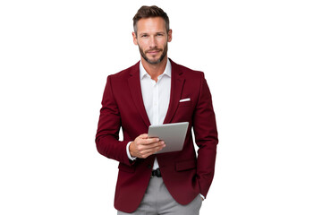 Businessman in a stylish red blazer holding a tablet and smiling at the camera, ready for meeting