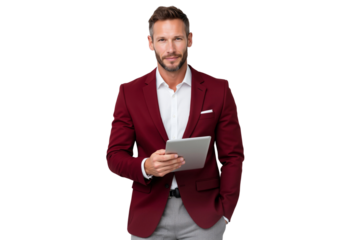 Businessman in a stylish red blazer holding a tablet and smiling at the camera, ready for meeting