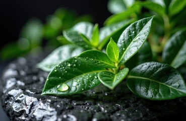 Fresh green leaves with water droplets on dark soil, close-up of healthy plant foliage