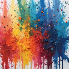 Fototapeta premium Abstract illustration features vibrant paint splatters, drips in chaotic yet artistic display. Colors include red, orange, yellow, green, blue, creating textured, grunge-like effect on white canvas