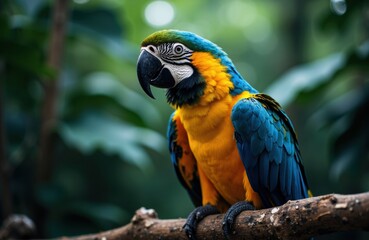 Obraz premium Colorful macaw perched on a branch in lush green jungle environment