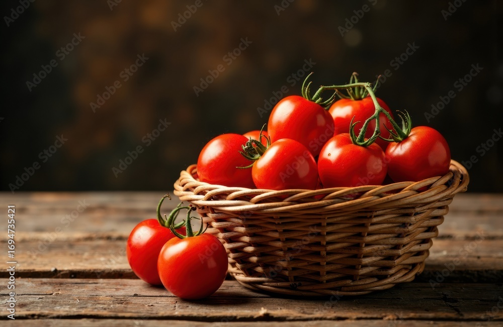 Poster fresh red tomatoes in a wicker basket on rustic wooden surface with a dark background