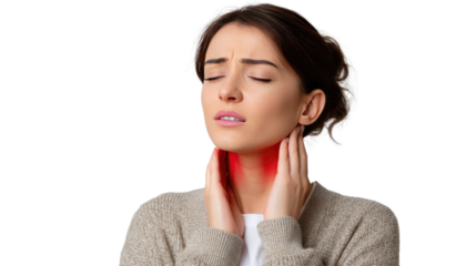 Throat Discomfort: A woman expresses pain and discomfort in her throat, highlighting a health concern in a striking close-up. 