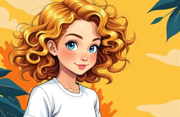 A cartoon girl with curly blonde hair and blue eyes smiling against a colorful autumn background