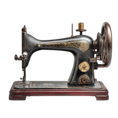 Vintage sewing machine with ornate gold detailing and wooden base, isolated on transparency background, showing signs of wear and age with spool of thread on top
