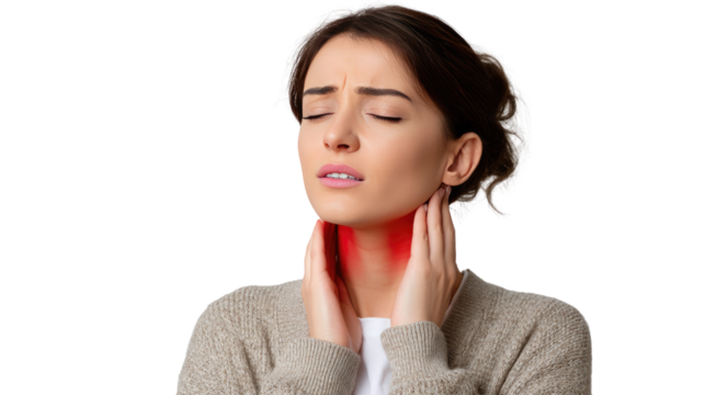 Throat Discomfort: A woman expresses pain and discomfort in her throat, highlighting a health concern in a striking close-up. 