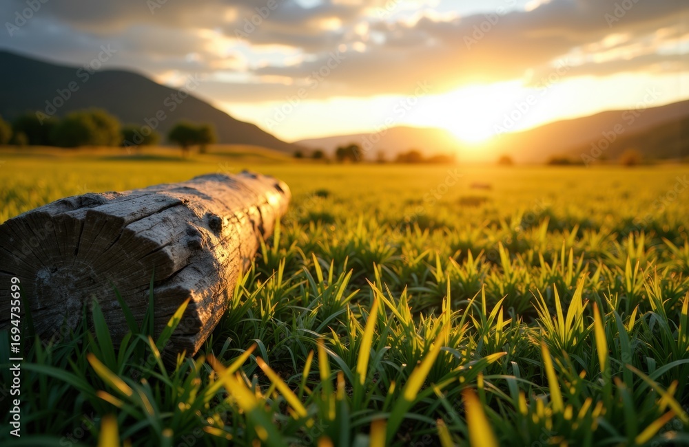 Poster sunset over a lush green field with a fallen log in the foreground and mountains in the background