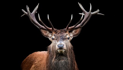 red deer stag staring directly into the camera its powerful antlers and alert gaze emphasized by moody lighting and a dark black background