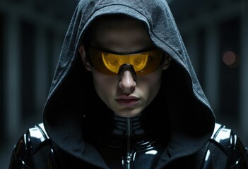 Futuristic person wearing a hood and yellow protective glasses in a dark, urban environment