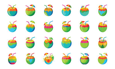 Colorful Travel and Adventure Icon Set – Bicycle, Camping Tent, Bonfire, Coconut Drink, Helicopter, Hiking Boots, Scooter, Cocktail, Train, Rainbow Tunnel, and Holiday Tourism Symbols