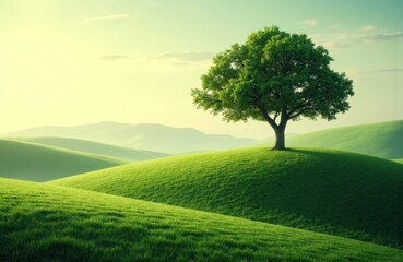 A solitary tree stands on a lush green hill under a bright sky with soft clouds