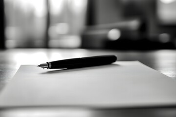 A close-up of a judge’s pen poised above a blank legal document, with the background blurred to evoke the anticipation of a decision. 