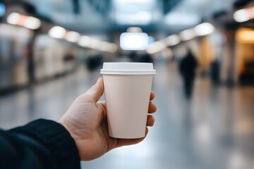 A blurry view of a coffee cup being held with two hands with the focused background of a traveler sitting alone in the airport