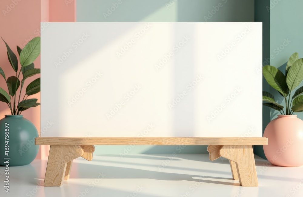 Aufkleber blank whiteboard on wooden stand with potted plants in the background creating a clean and modern di