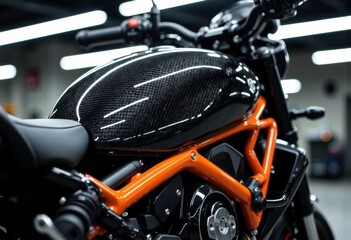 Fototapeta premium Close-up of a modern motorcycle with a carbon fiber fuel tank and orange frame in a well-lit garage