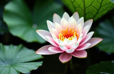 A pink and white water lily blooming on a pond with green lily pads surrounding it