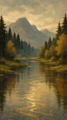 Fototapeta premium [nature landscape wallpaper with gold accent in river reflections]