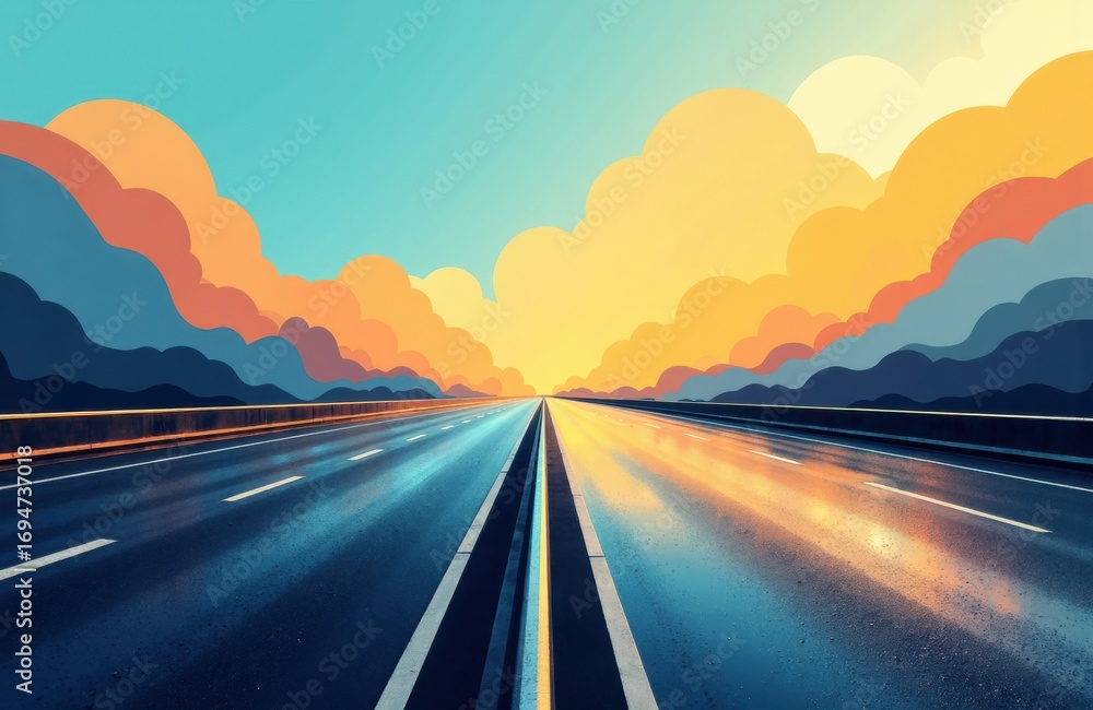 Poster a wide empty highway stretches into the distance under a colorful sky with stylized clouds