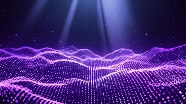 abstract digital background with glowing purple particles and waves on dark