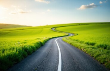 Winding road through lush green fields under a bright blue sky with scattered clouds