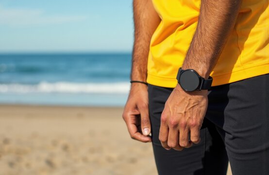 A man wearing a yellow shirt and a smartwatch standing on the beach with the ocean in the background