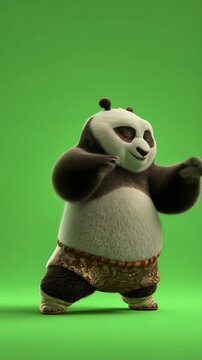 Po the panda displays kung fu moves on a green screen, perfect for adding playful martial arts action to video projects.