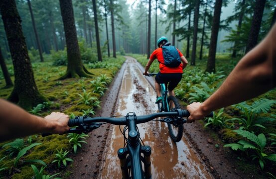 Woman mountain biking through a lush green forest on a muddy trail with dense trees and vibrant foliage