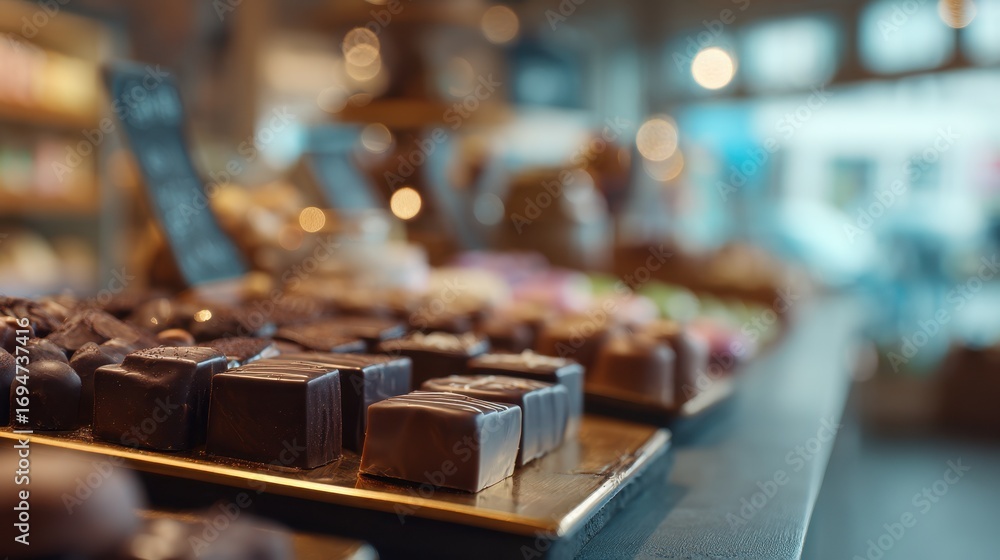 Poster closeup medium shot of a sleek chocolate counter displaying assorted premium chocolates with the sto