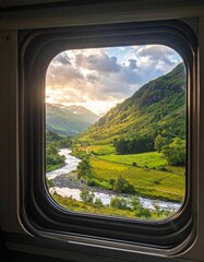 View of a valley through a window of a train, travel concept
