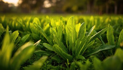 Lush green plants in a field at sunset