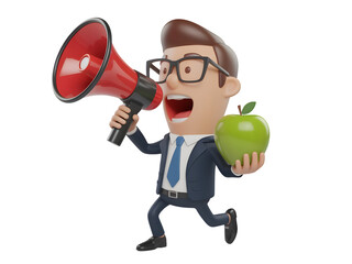 Cartoon Businessman Promoting Healthy Eating with a Megaphone and Apple