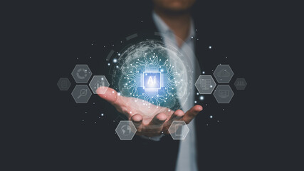Businessman hand holding glowing AI chip with digital globe, symbolizing artificial intelligence, data network, global technology, innovation, and future digital transformation.