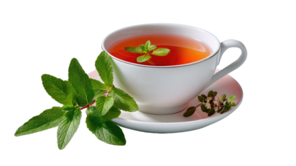 Calming Herbal Tea: A serene composition featuring a cup of soothing herbal tea, garnished with fresh mint leaves. The scene evokes tranquility and wellness.