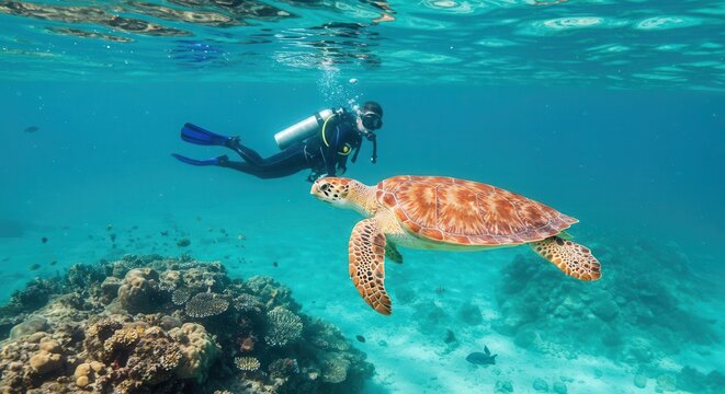 A diver encounters a sea turtle in vibrant, turquoise waters above a coral reef, showcasing the beauty of underwater marine life.