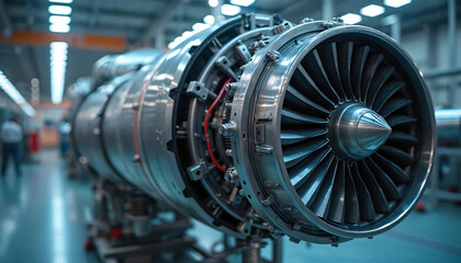 Close-up of aerospace jet engine turbine in testing facility. Engineer checks aircraft components rigorously. High quality image of complex machine part, flight technology, advanced engineering.