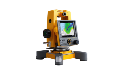 Modern Surveying Instrument: A high-angle shot showcases a precision surveying instrument, its display showing intricate mapping data, symbolizing technological advancement and accuracy.