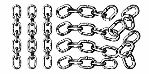 Collection of hand drawn style metal chains on a white background