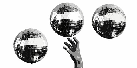 A hand reaching up to touch three sparkling disco balls against a white background