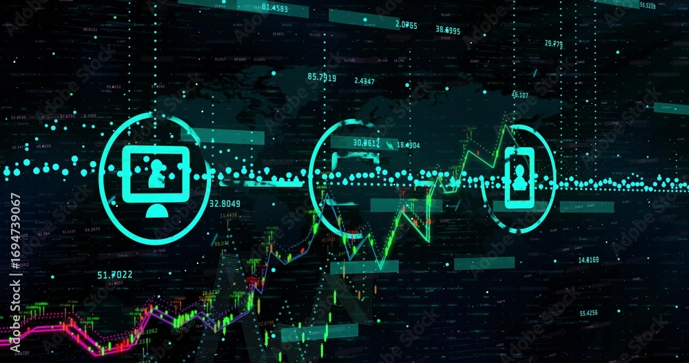 Aufkleber neon line chart ascending in dark matrix grid, with glowing data points, three floating user icons