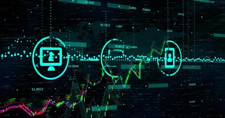 Neon line chart ascending in dark matrix grid, with glowing data points, three floating user icons