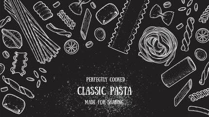 Traditional Italian pasta sketch. Italian food. Staple food. Hand drawn vector illustration. Background for packaging, menu. Top view. Not AI