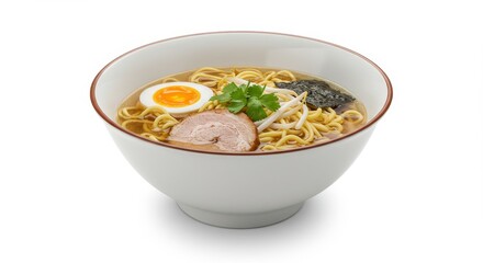 Delicious bowl of ramen with egg, pork, and vegetables on white background  