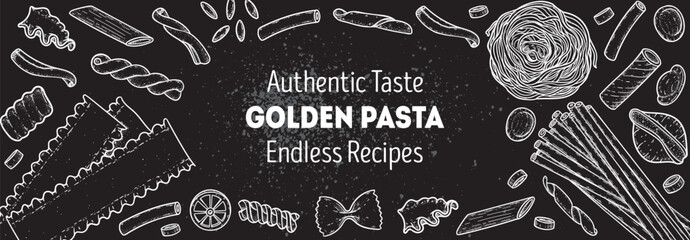 Traditional Italian pasta sketch. Italian food. Staple food. Hand drawn vector illustration. Background for packaging, menu. Top view. Not AI