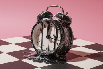Melting clock on a checkered surface